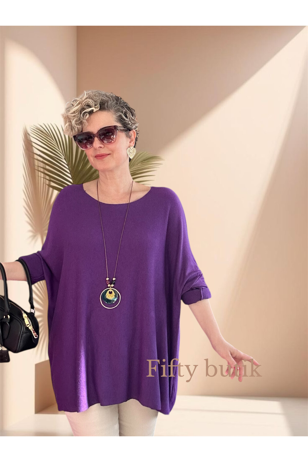 Botte İthal Kolyeli Salaş Triko Bluz Purple