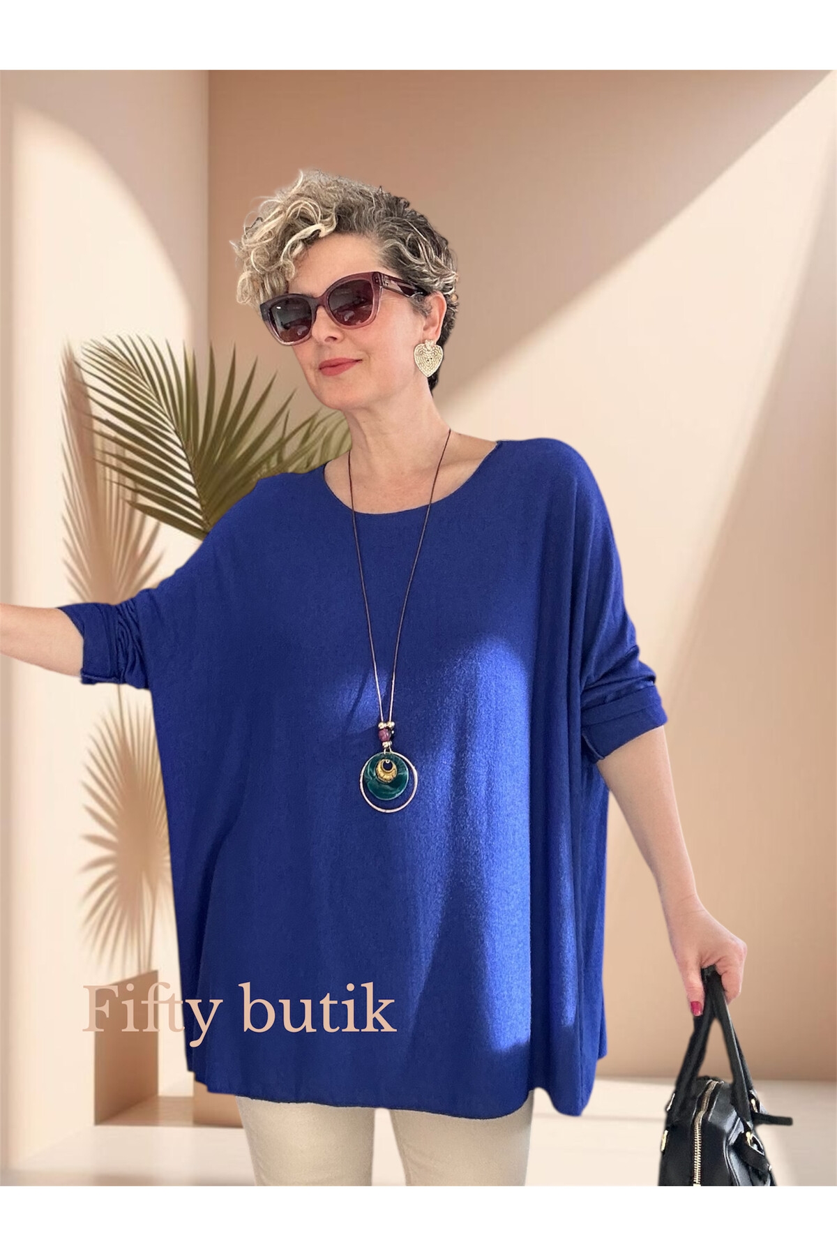 Botte İthal Kolyeli Salaş Triko Bluz Saks Mavi