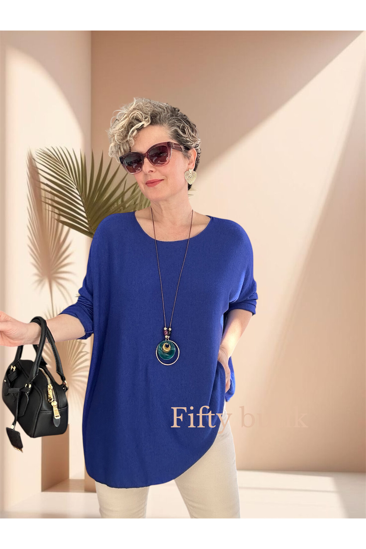 Botte İthal Kolyeli Salaş Triko Bluz Saks Mavi