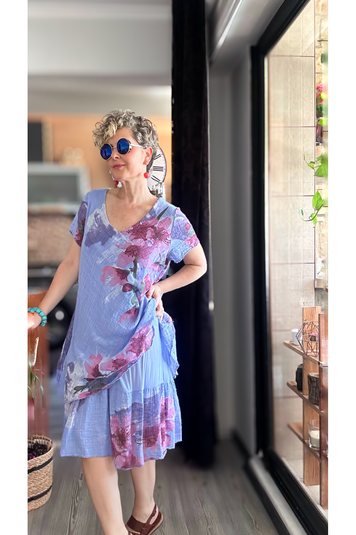 Cello İtalyan Zambak Desenli Elbise Açık İndigo