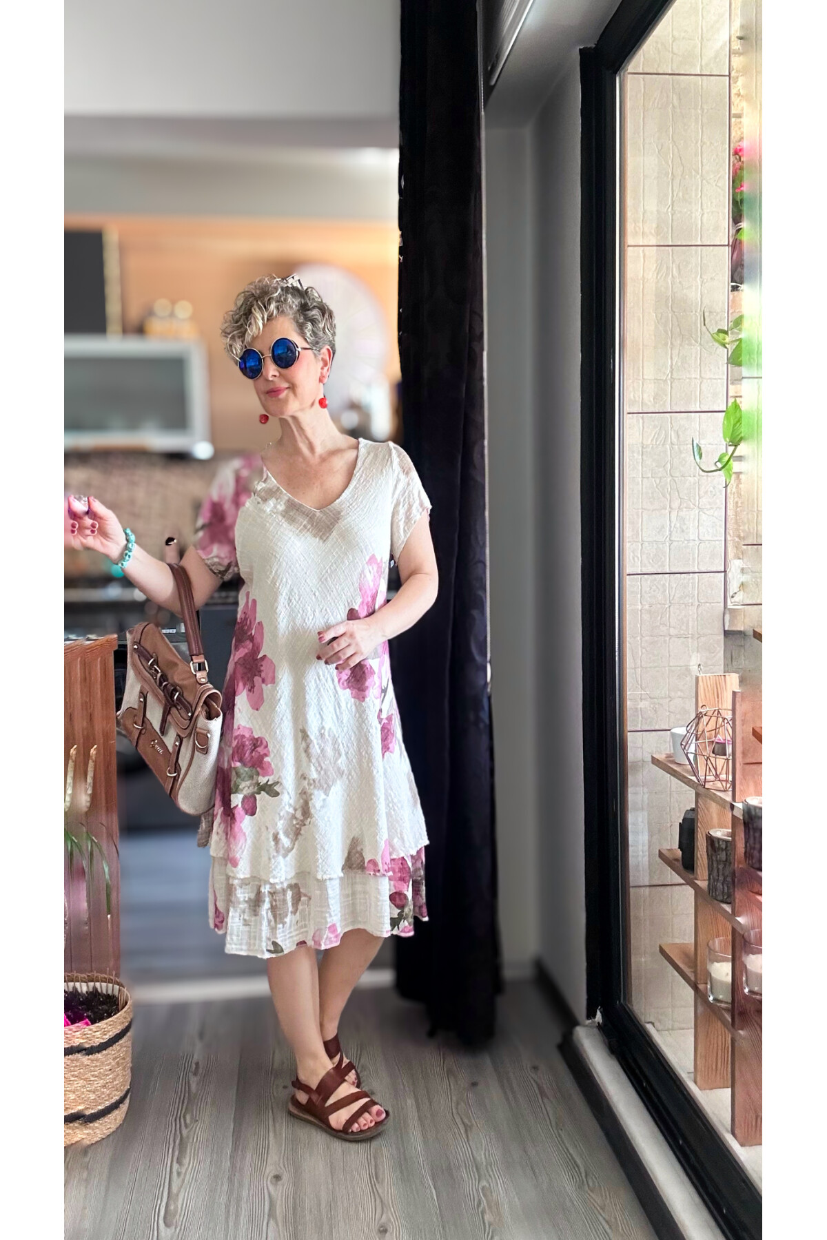 Cello İtalyan Zambak Desenli Elbise Beige