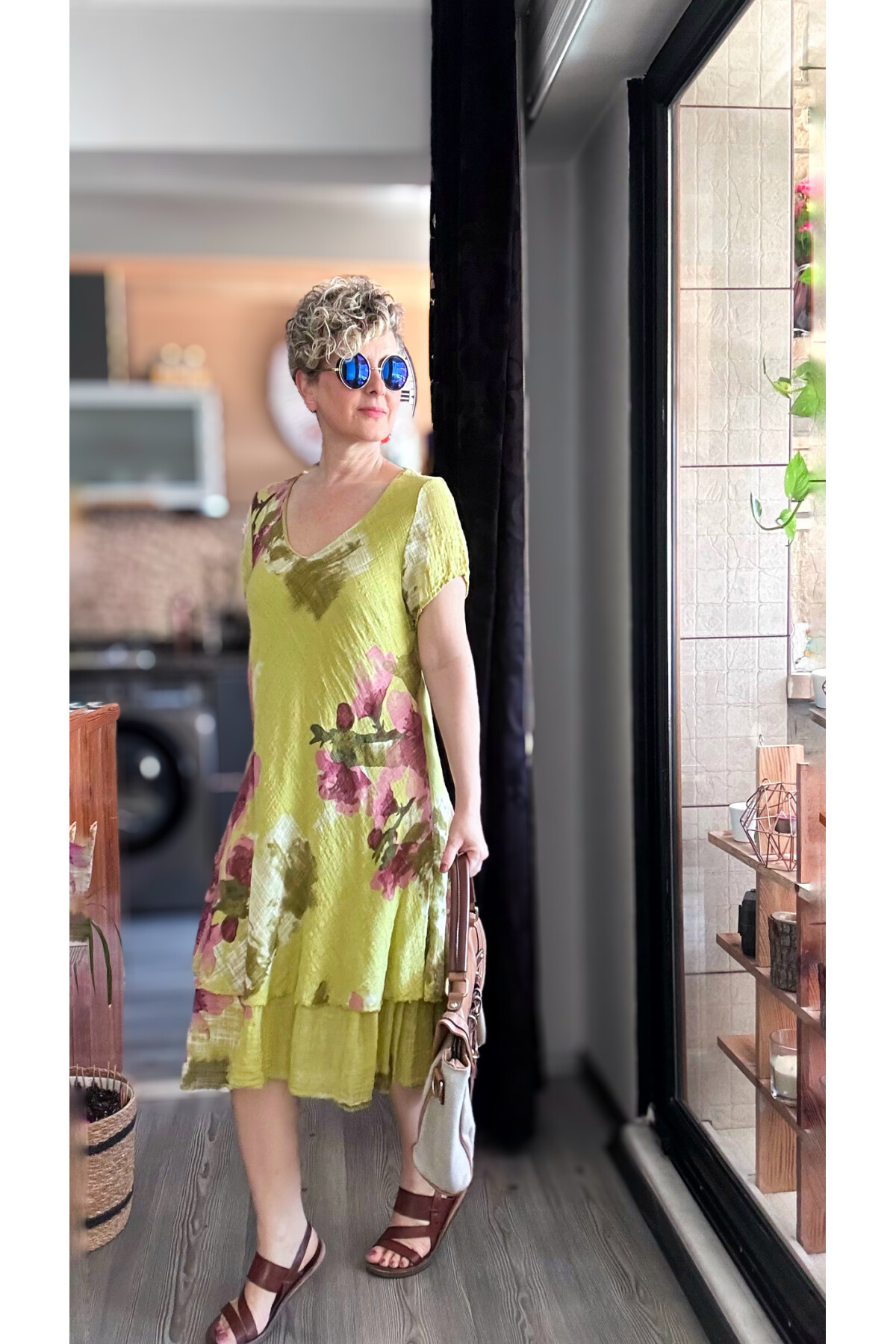 Cello İtalyan Zambak Desenli Elbise Fıstık Yeşil