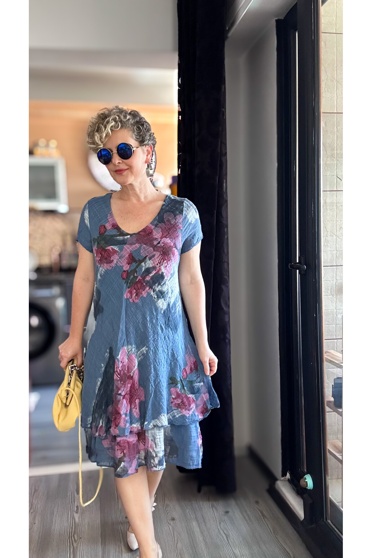 Cello İtalyan Zambak Desenli Elbise İndigo Mavi