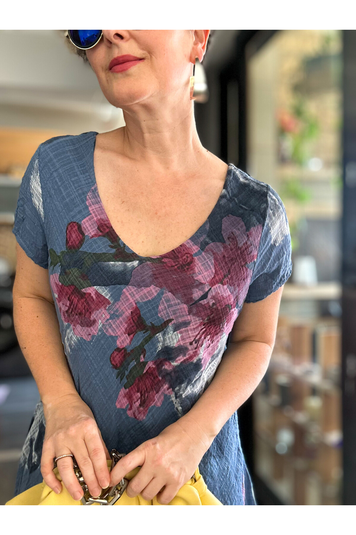 Cello İtalyan Zambak Desenli Elbise İndigo Mavi