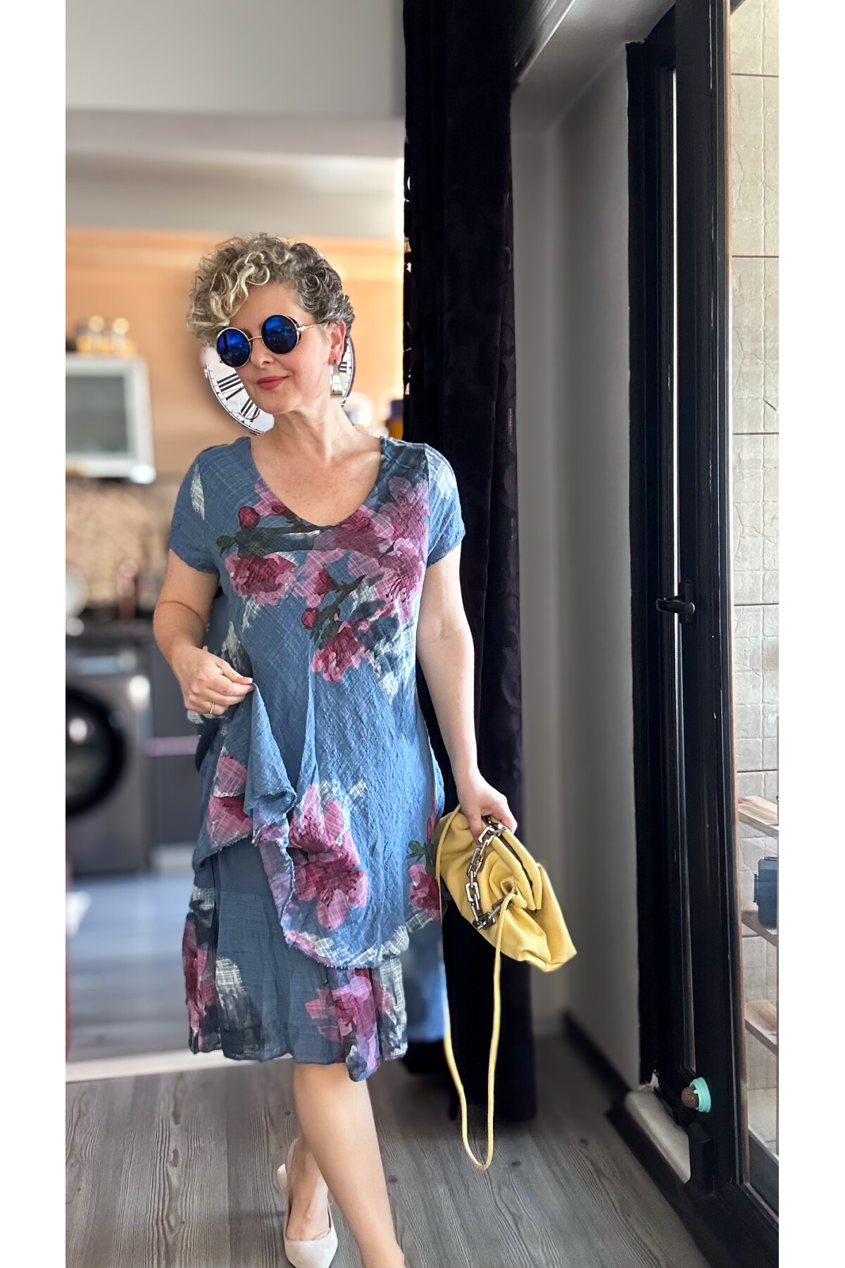 Cello İtalyan Zambak Desenli Elbise İndigo Mavi