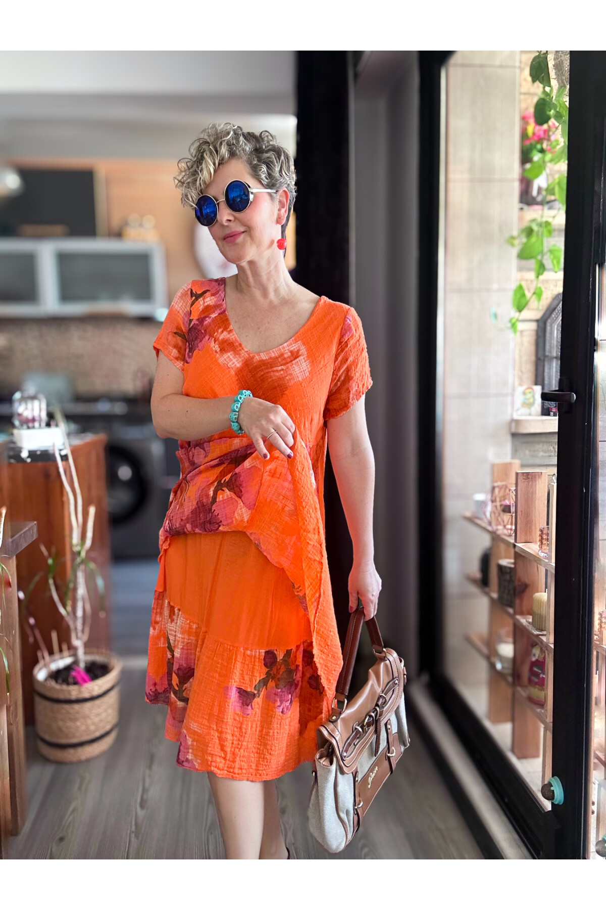 Cello İtalyan Zambak Desenli Elbise Turuncu