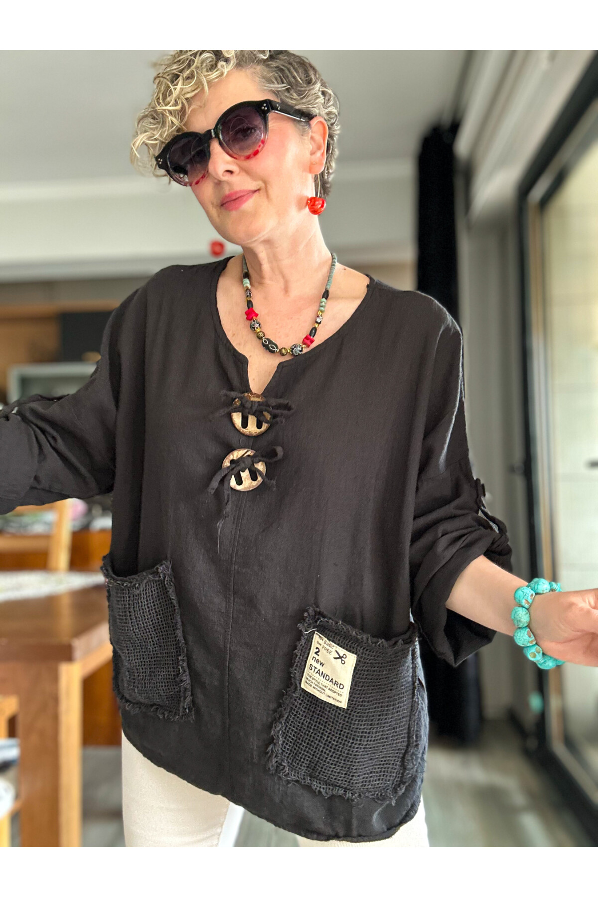 Chiquitita Tasarım File Cep Detay Bluz Siyah