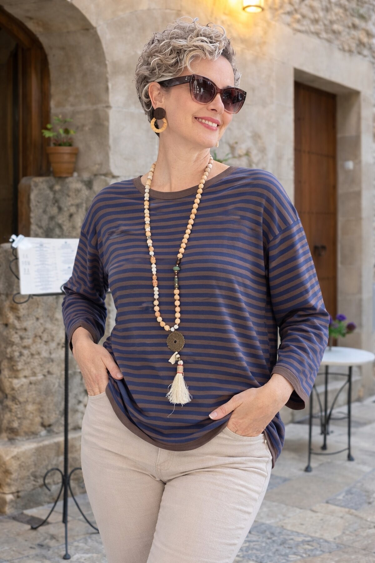 Fabri Çizgili İnce Triko Bluz - Kahve & Lacivert