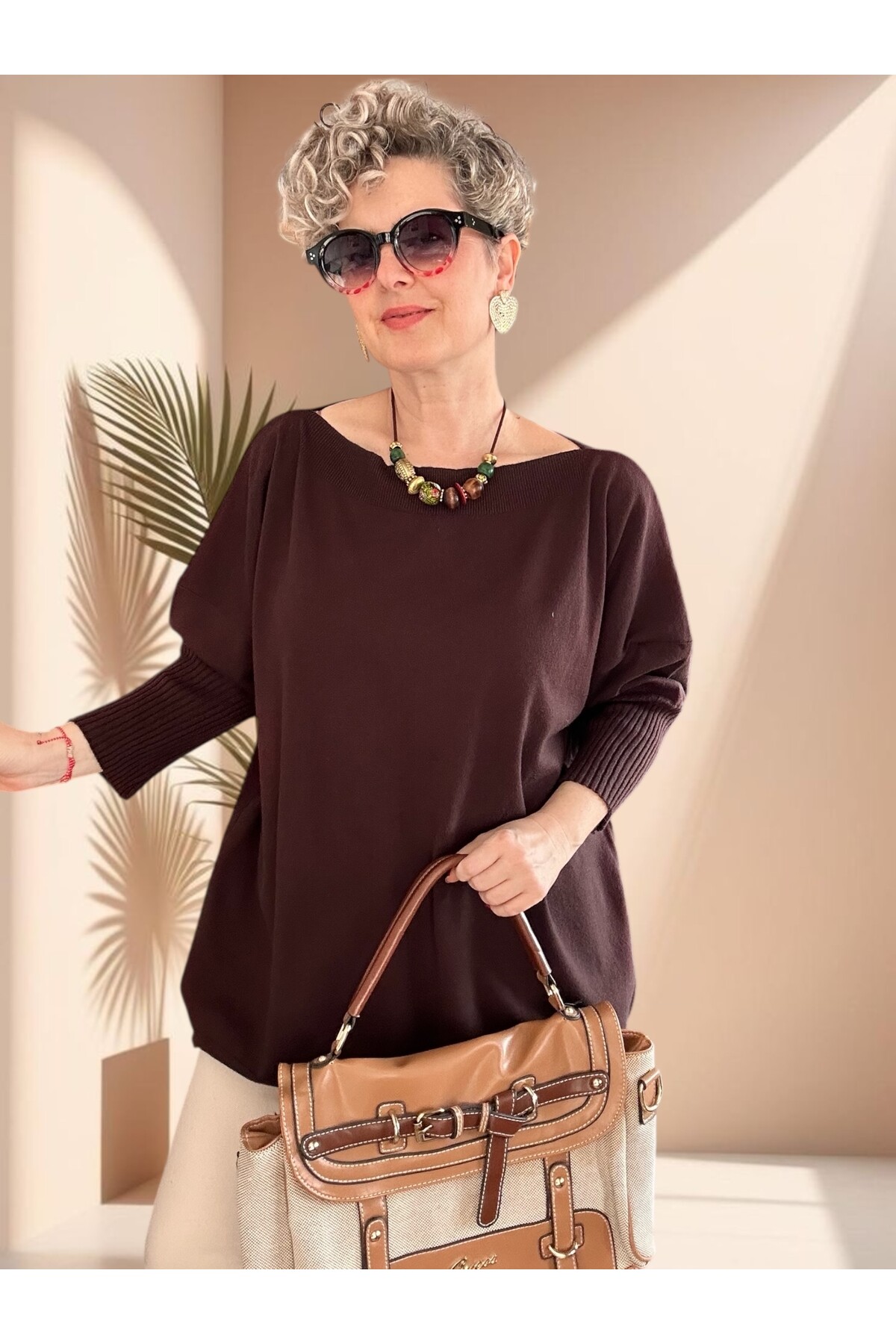 Delfi Tasarım Kayık Yaka Triko Bluz Acı Kahve
