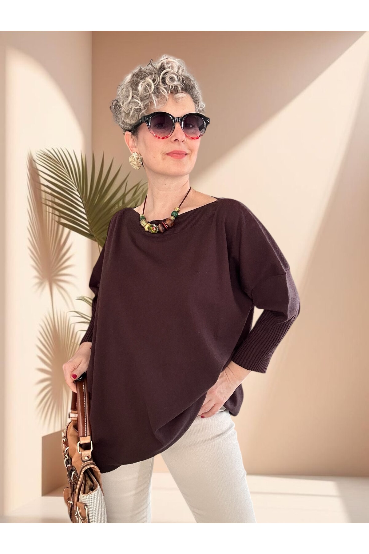 Delfi Tasarım Kayık Yaka Triko Bluz Acı Kahve