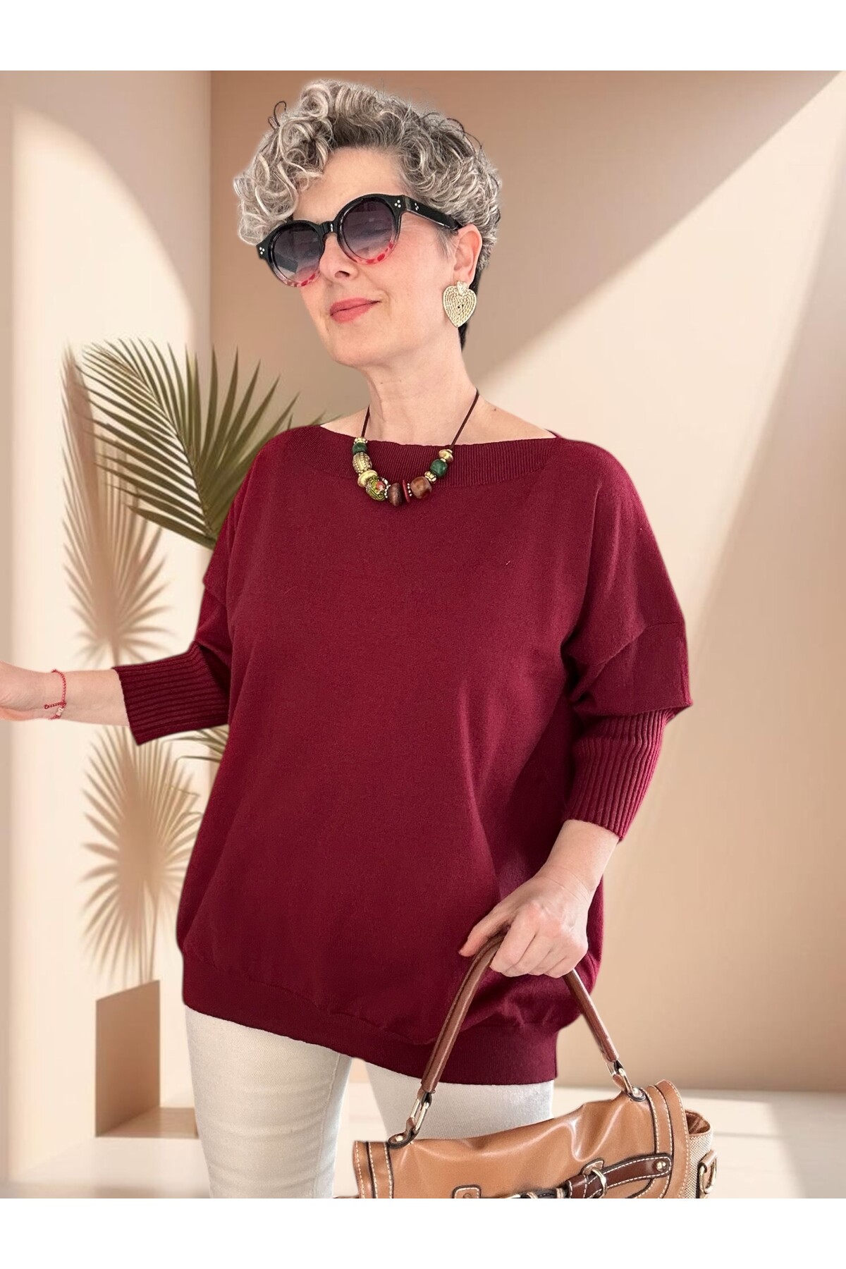 Delfi Tasarım Kayık Yaka Triko Bluz Bordo