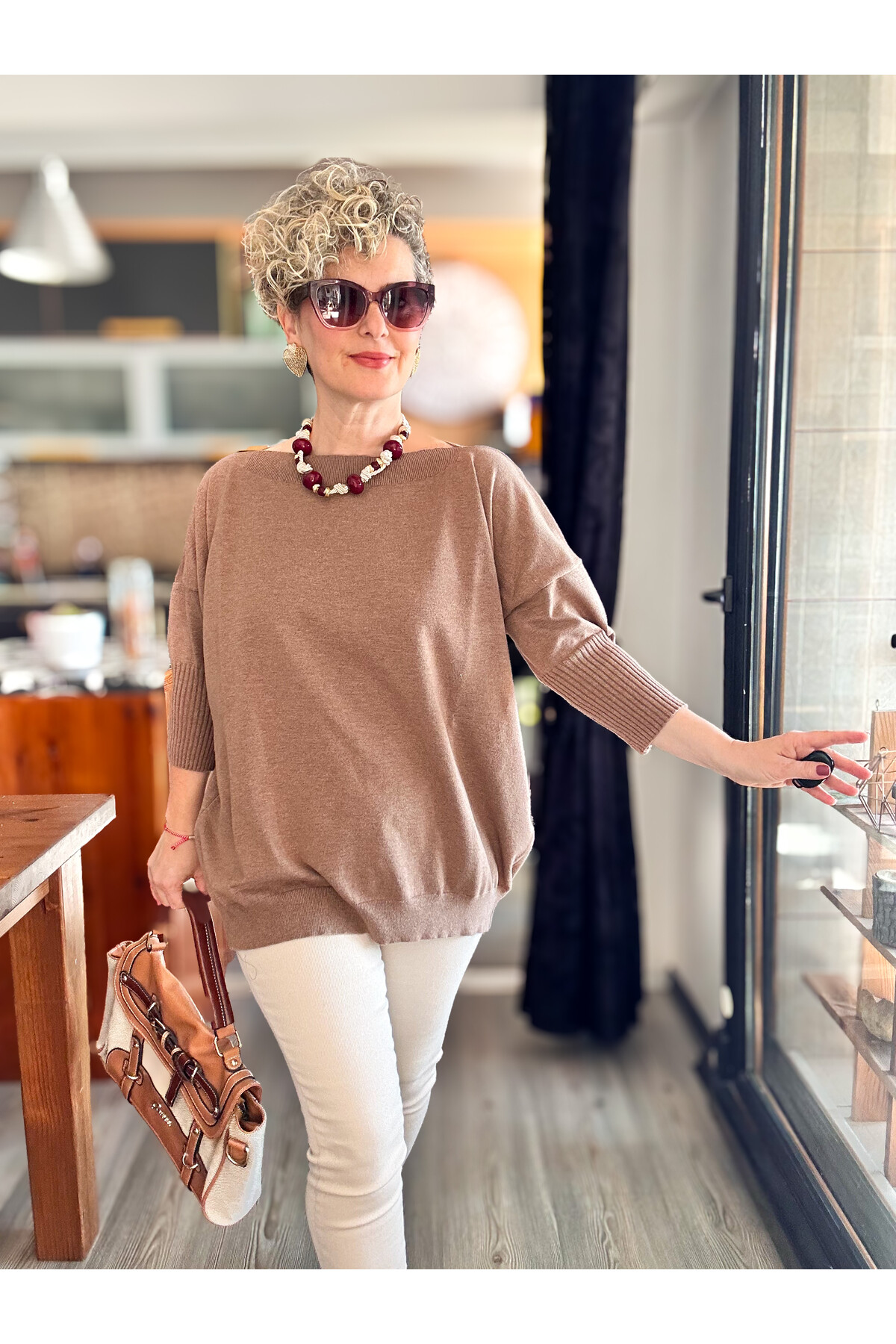 Delfi Tasarım Kayık Yaka Triko Bluz Vizon