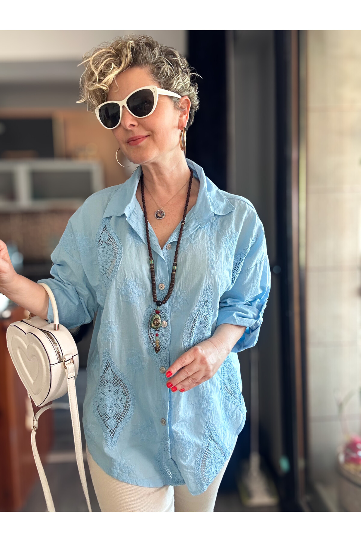 Disse İtalyan Fisto Oval Çiçek Desen Gömlek Bebe Mavi