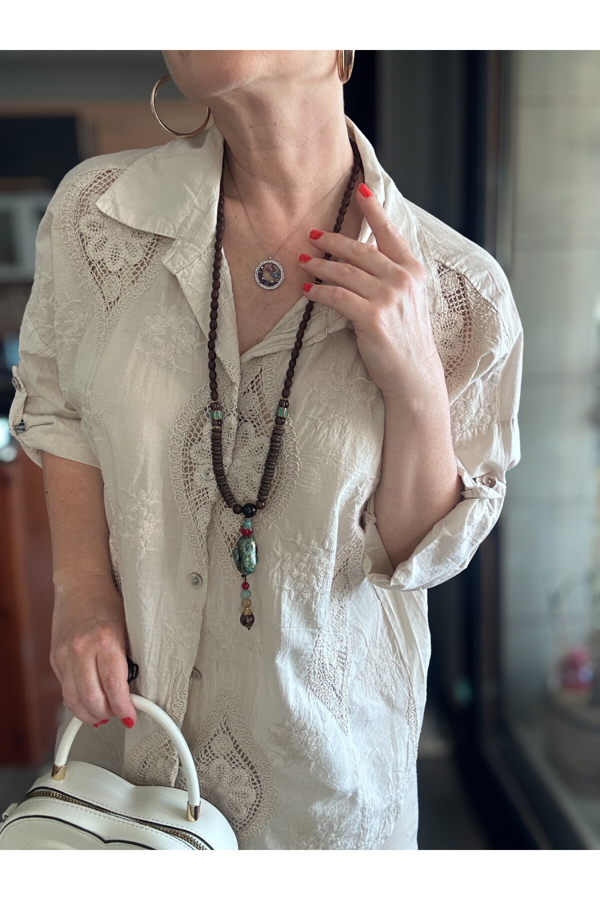 Disse İtalyan Fisto Oval Çiçek Desen Gömlek Bej