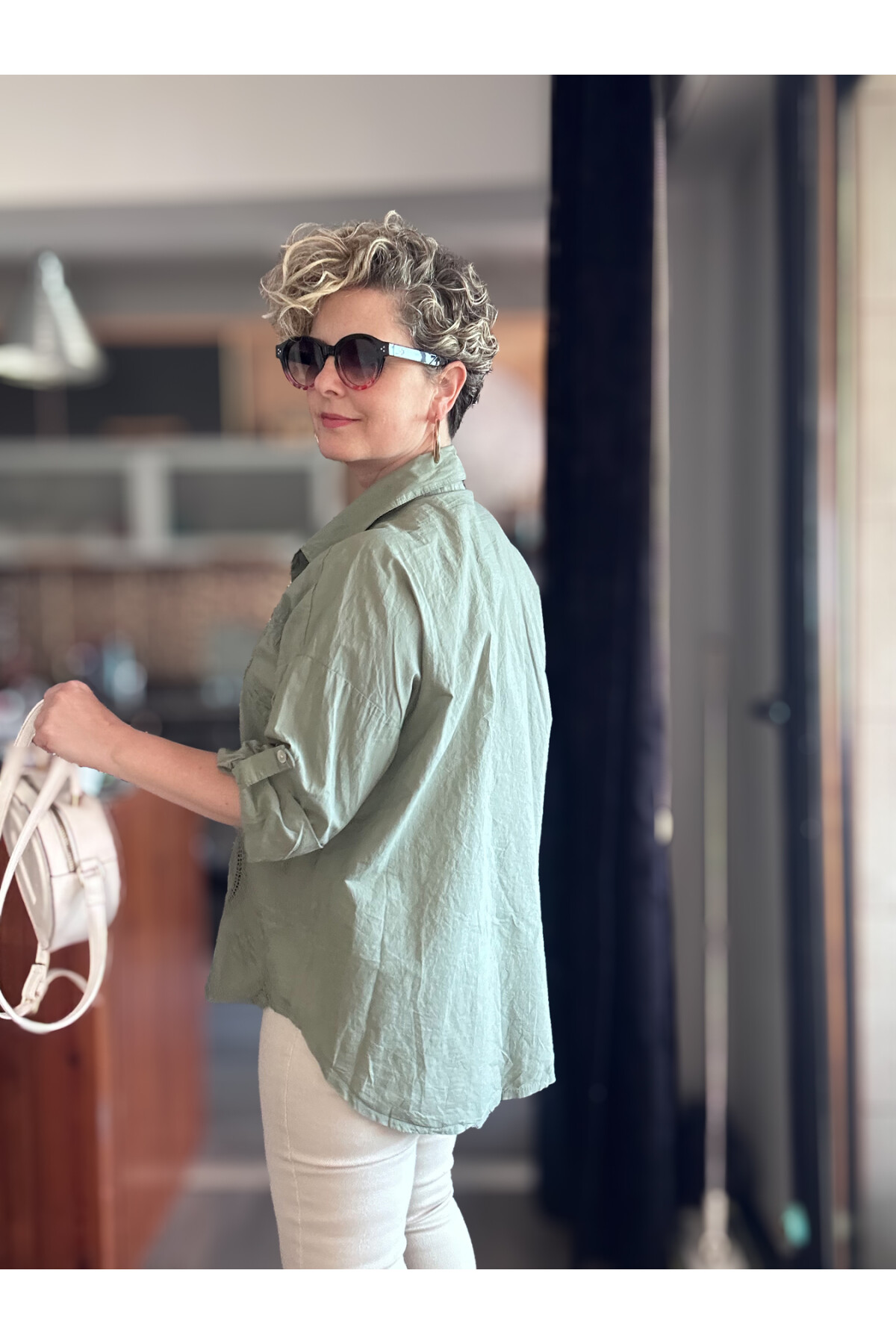 Disse İtalyan Fisto Oval Çiçek Desen Gömlek Haki