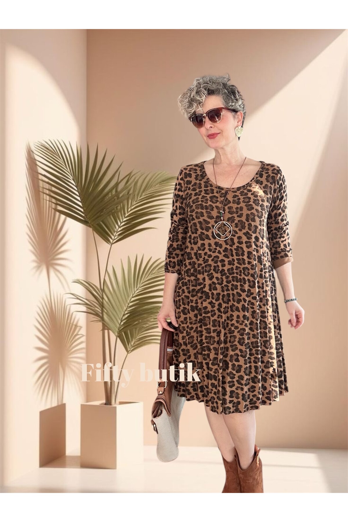 Dutti İtalyan Leopar Desen Kolyeli Pilise Elbise Cappuccino