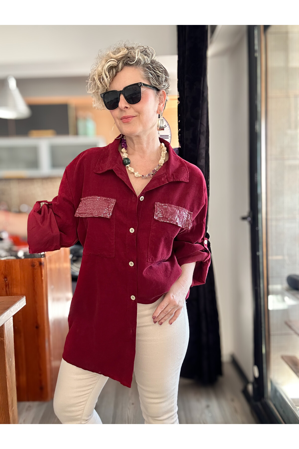 Ensana İtalyan Kadife Cep Pul Gömlek Bordo