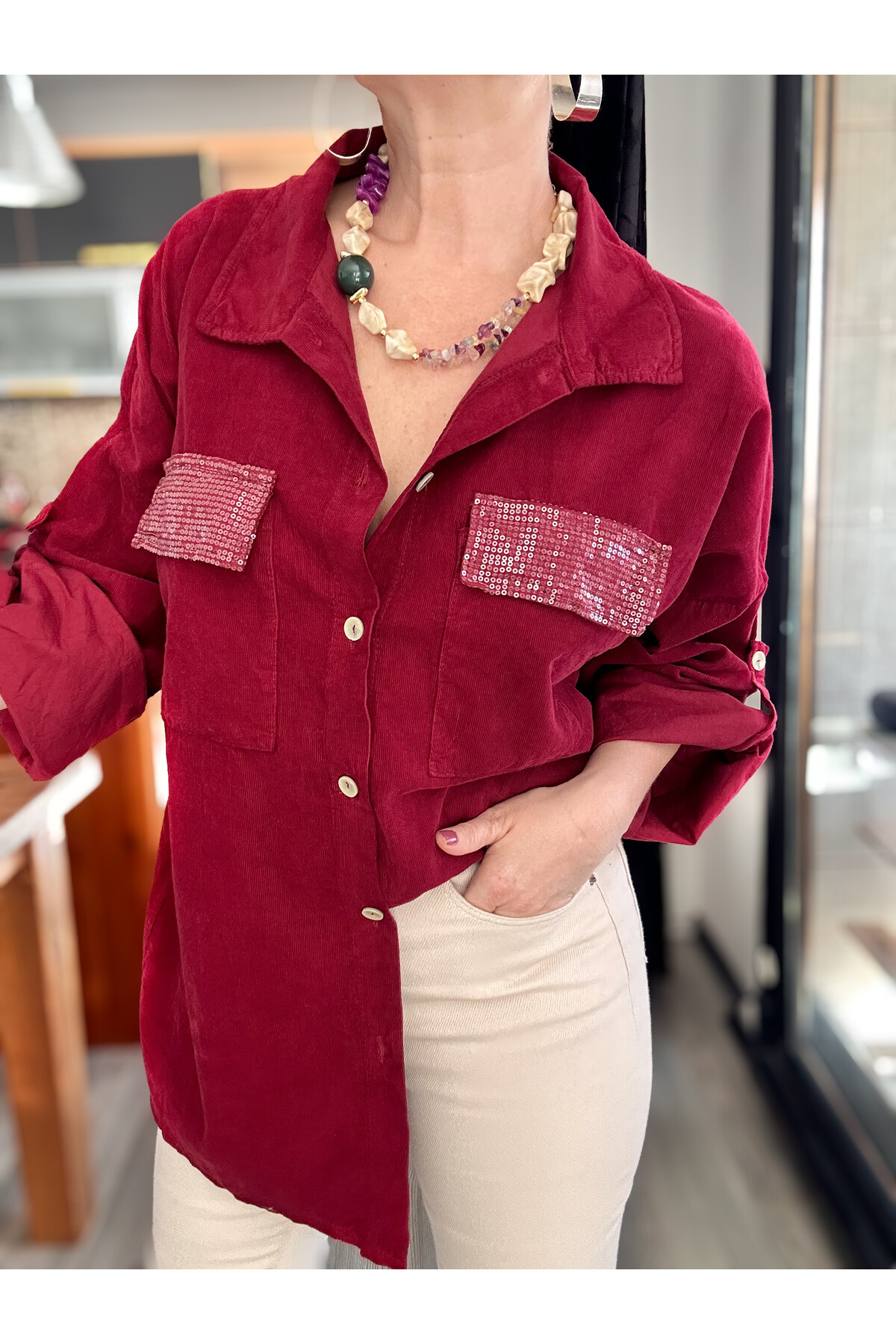 Ensana İtalyan Kadife Cep Pul Gömlek Bordo