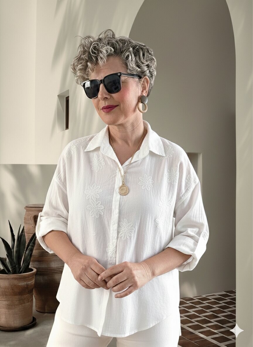 Eyyo İtalyan Dolgu Çiçek Desen Gömlek Beyaz