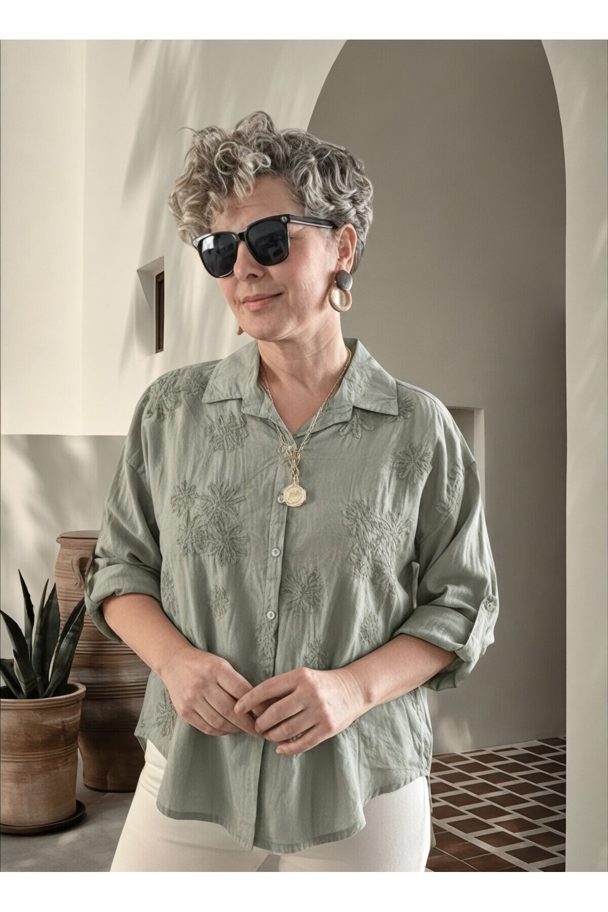 Eyyo İtalyan Dolgu Çiçek Desen Gömlek Haki Yeşil