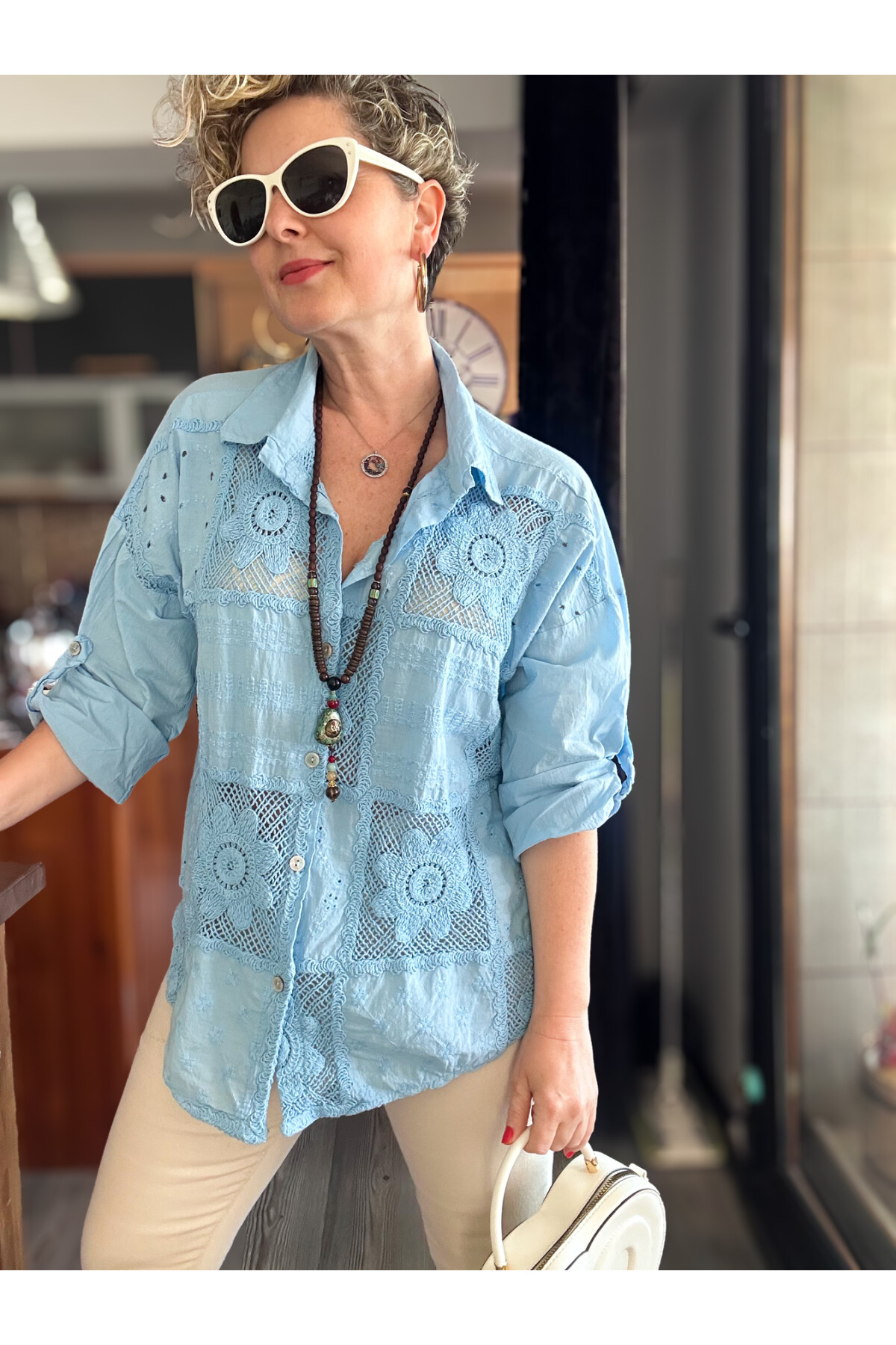 Eyyo İtalyan Fisto Kare Çiçek Desen Gömlek Bebe Mavi