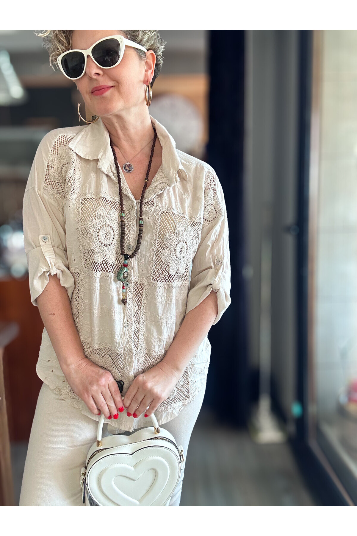 Ferru İtalyan Fisto Kare Çiçek Desen Gömlek Bej