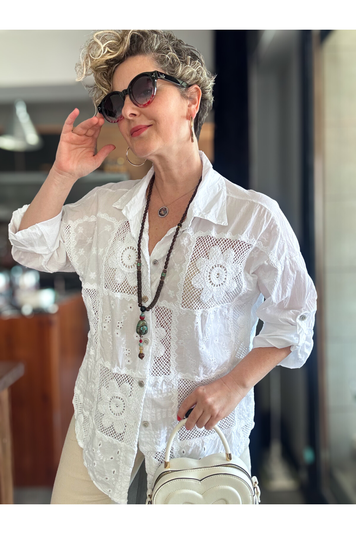 Eyyo İtalyan Fisto Kare Çiçek Desen Gömlek Beyaz