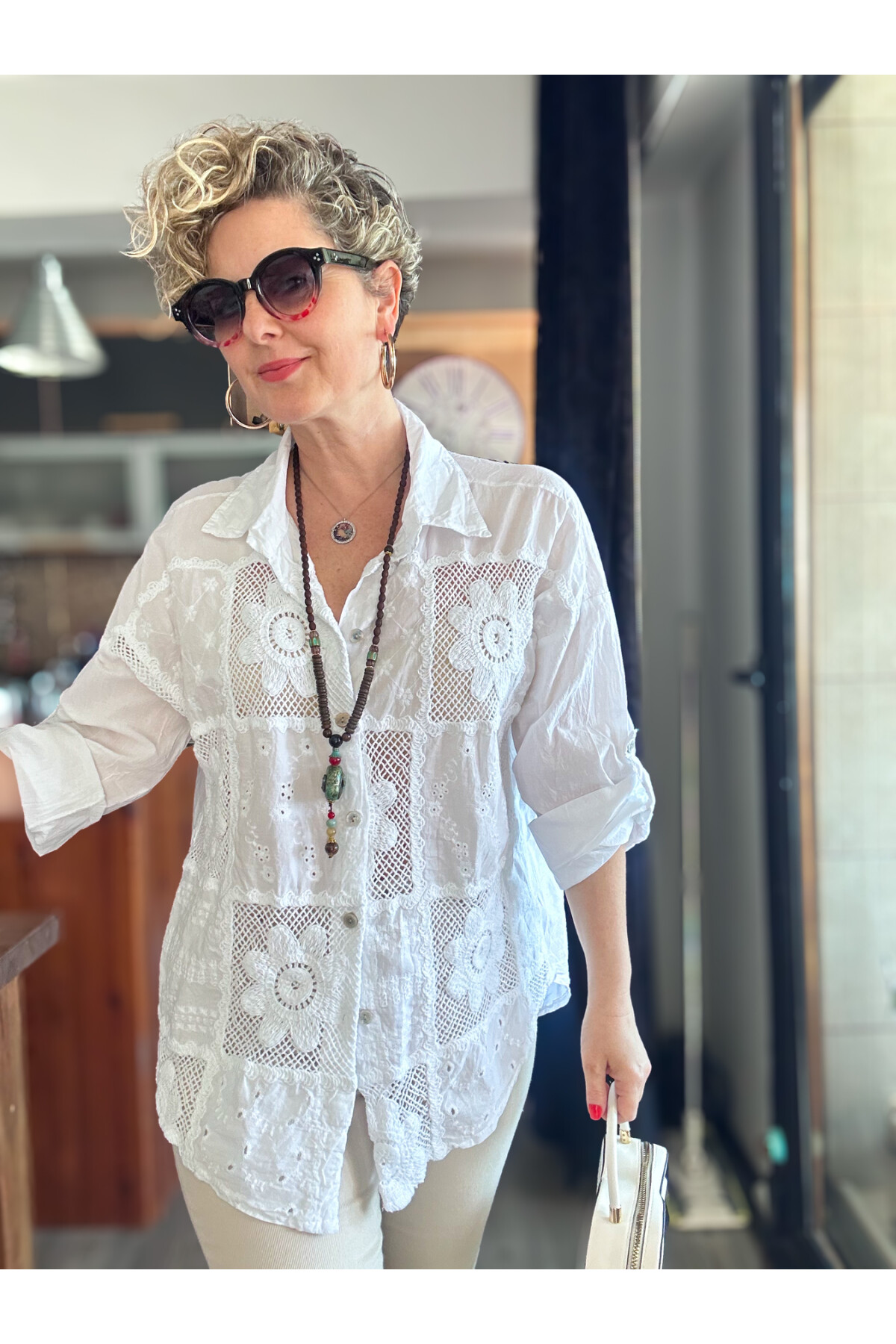 Eyyo İtalyan Fisto Kare Çiçek Desen Gömlek Beyaz