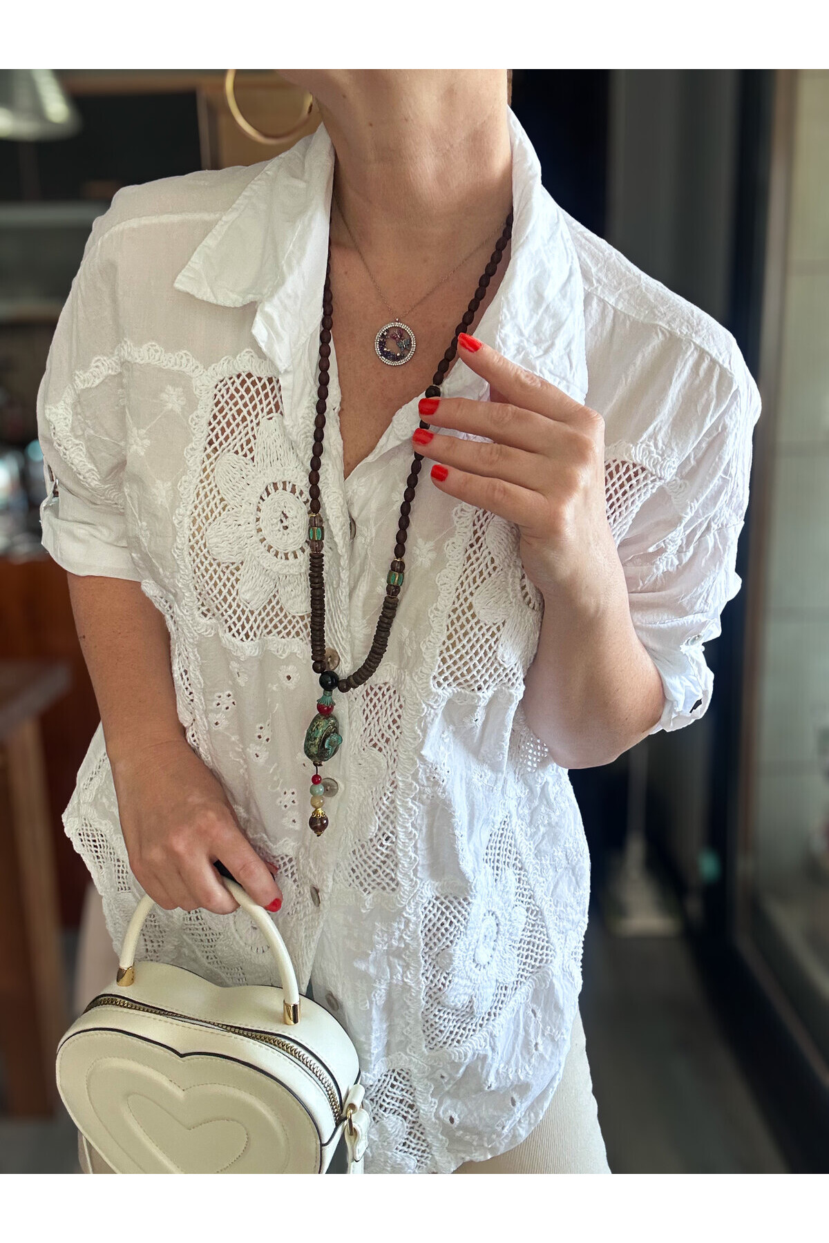 Ferru İtalyan Fisto Kare Çiçek Desen Gömlek Beyaz