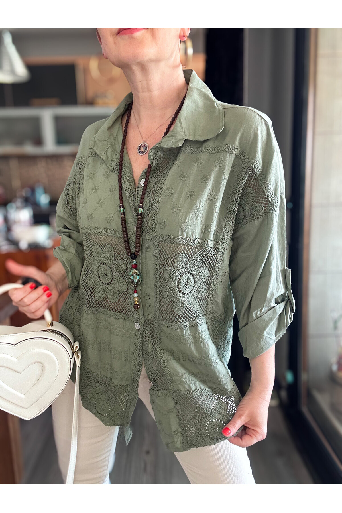 Ferru İtalyan Fisto Kare Çiçek Desen Gömlek Haki