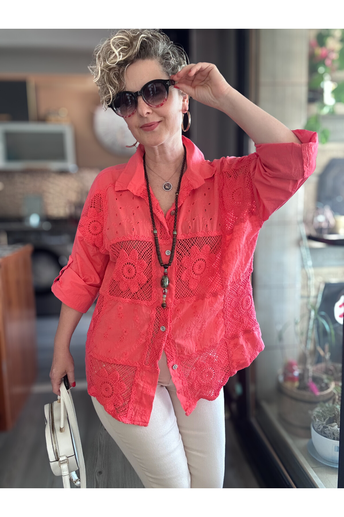 Eyyo İtalyan Fisto Kare Çiçek Desen Gömlek Mercan