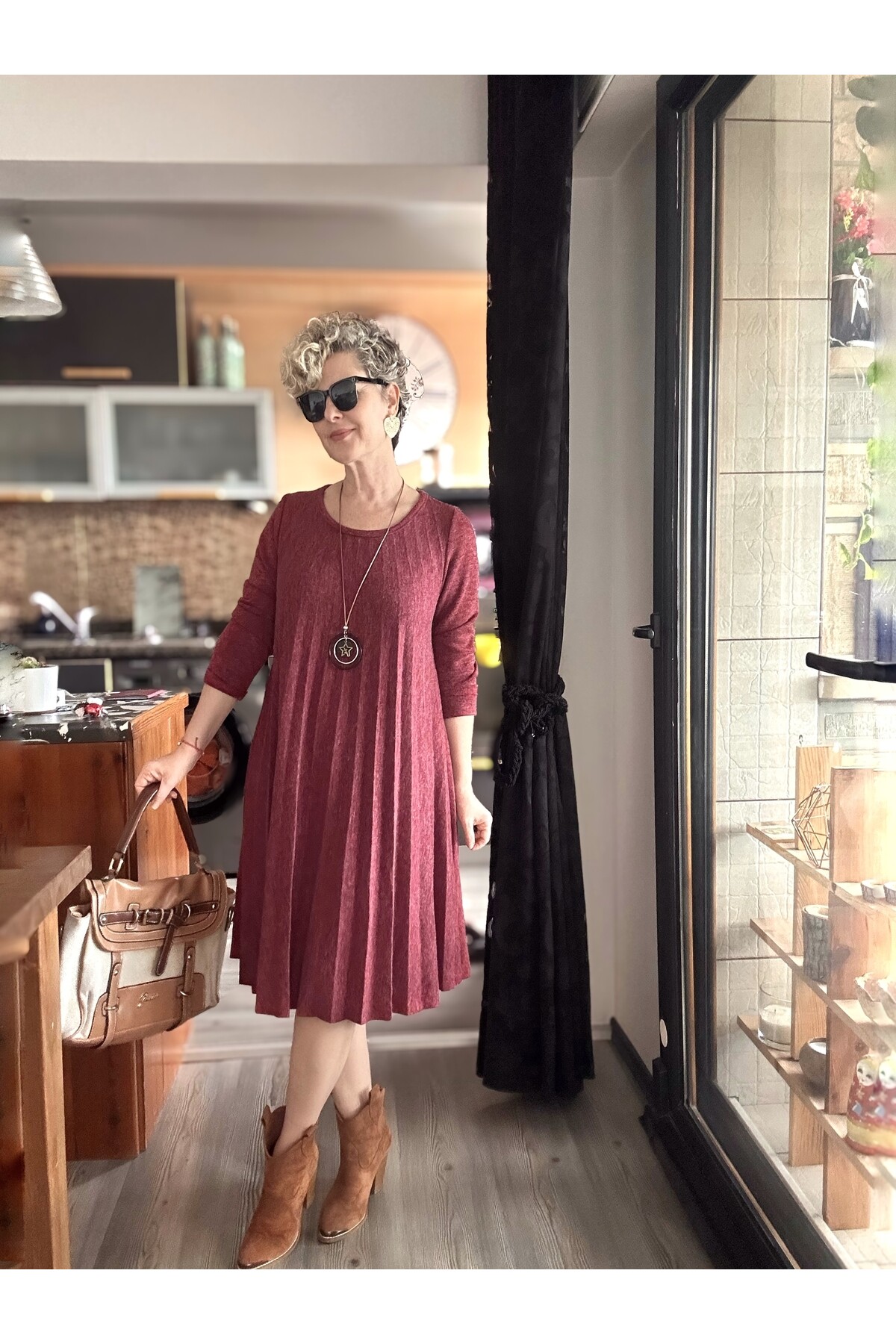 Fabro İtalyan Kolyeli Pilise Detay Elbise Bordo