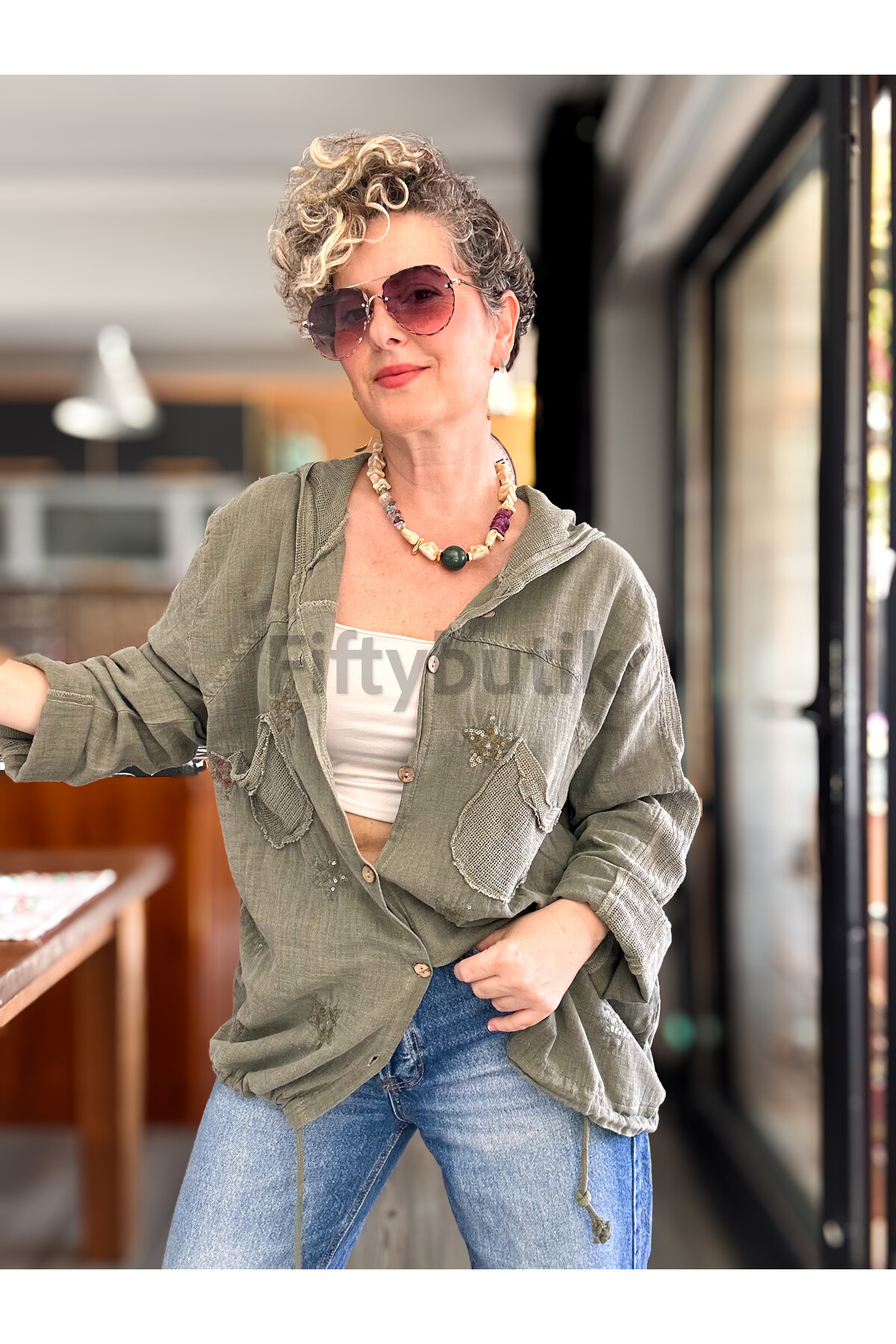 Feliz Yıldız File Detay Pul İşleme Hırka Ceket Haki