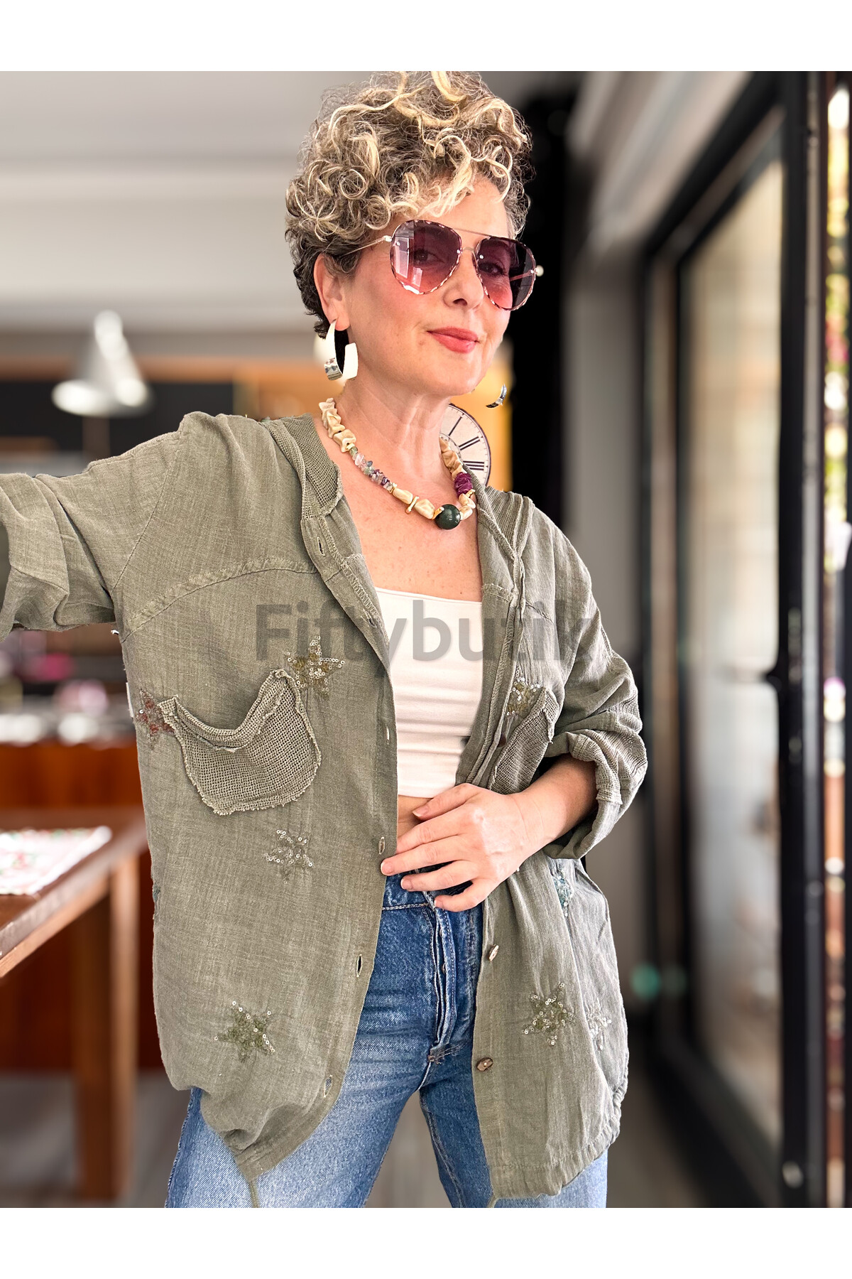 Feliz Yıldız File Detay Pul İşleme Hırka Ceket Haki