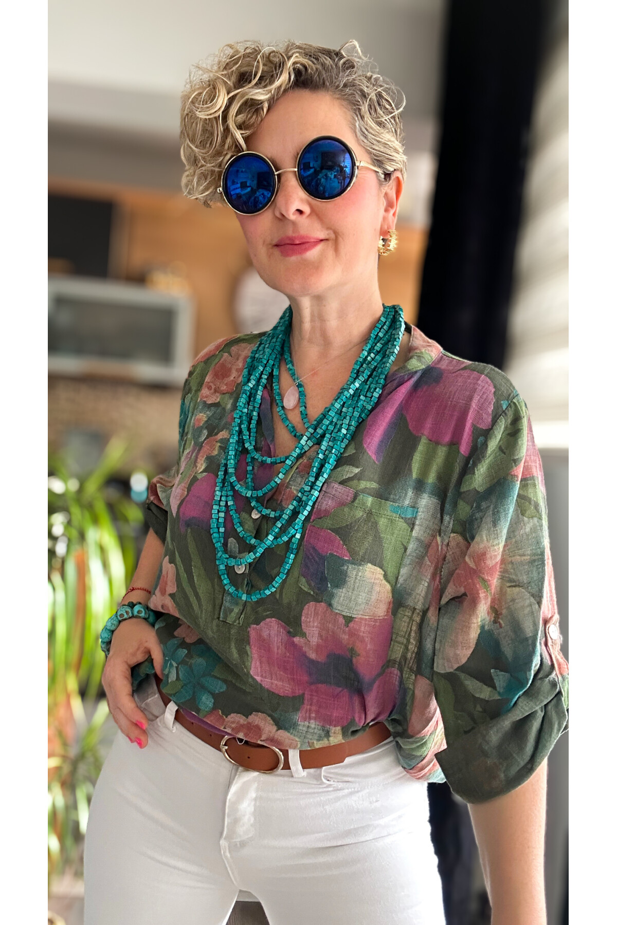 Felli Zambak Desen Desenli İtalyan Gömlek Haki Yeşil