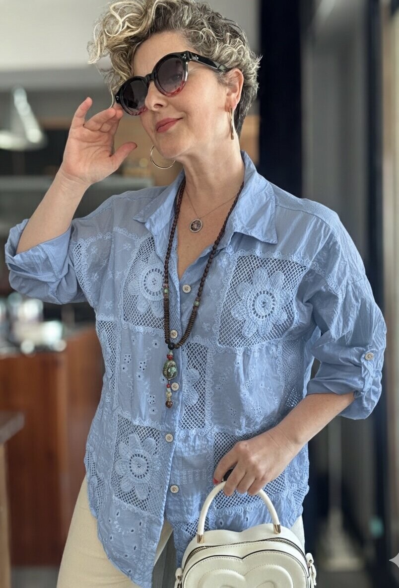 Ferru İtalyan Fisto Kare Çiçek Desen Gömlek Açık İndigo