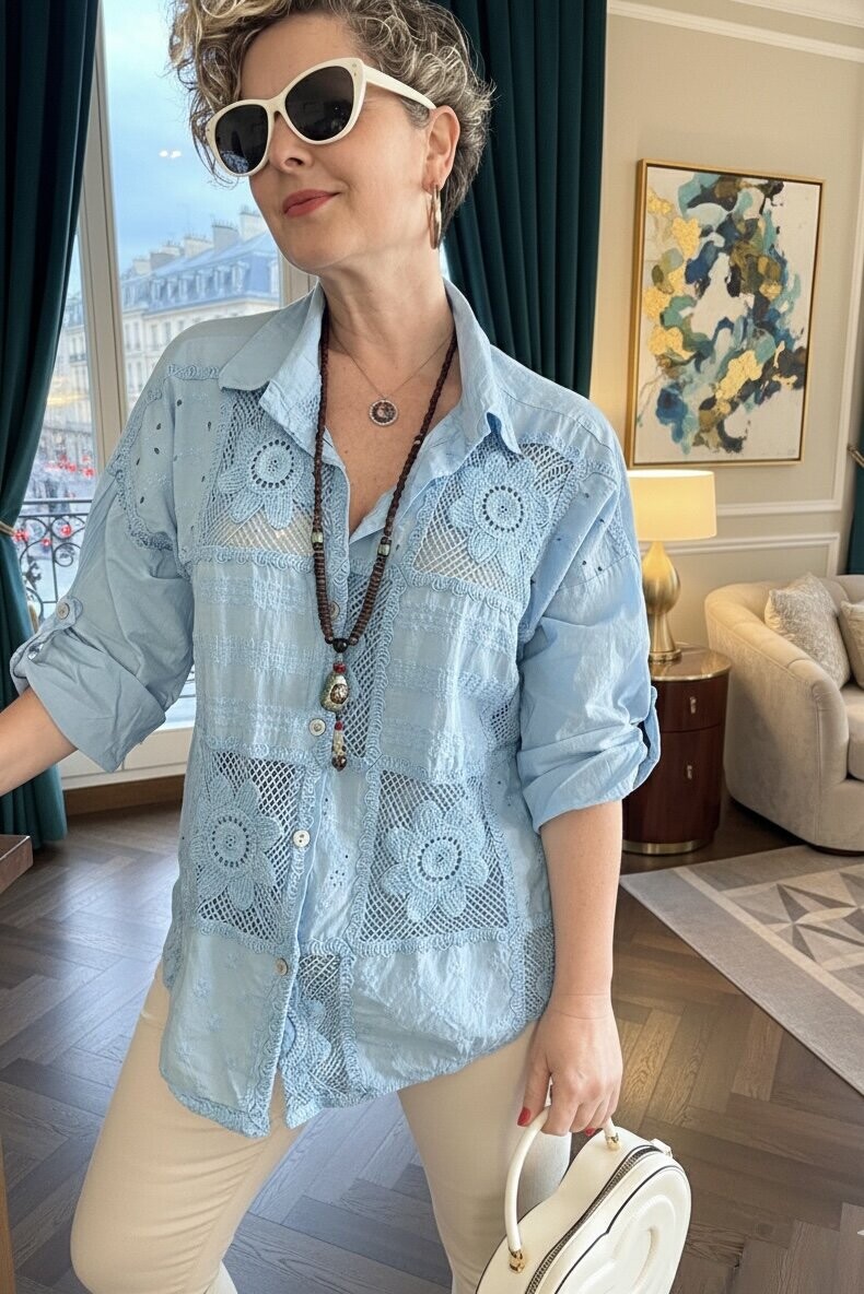 Ferru İtalyan Fisto Kare Çiçek Desen Gömlek Bebe Mavi