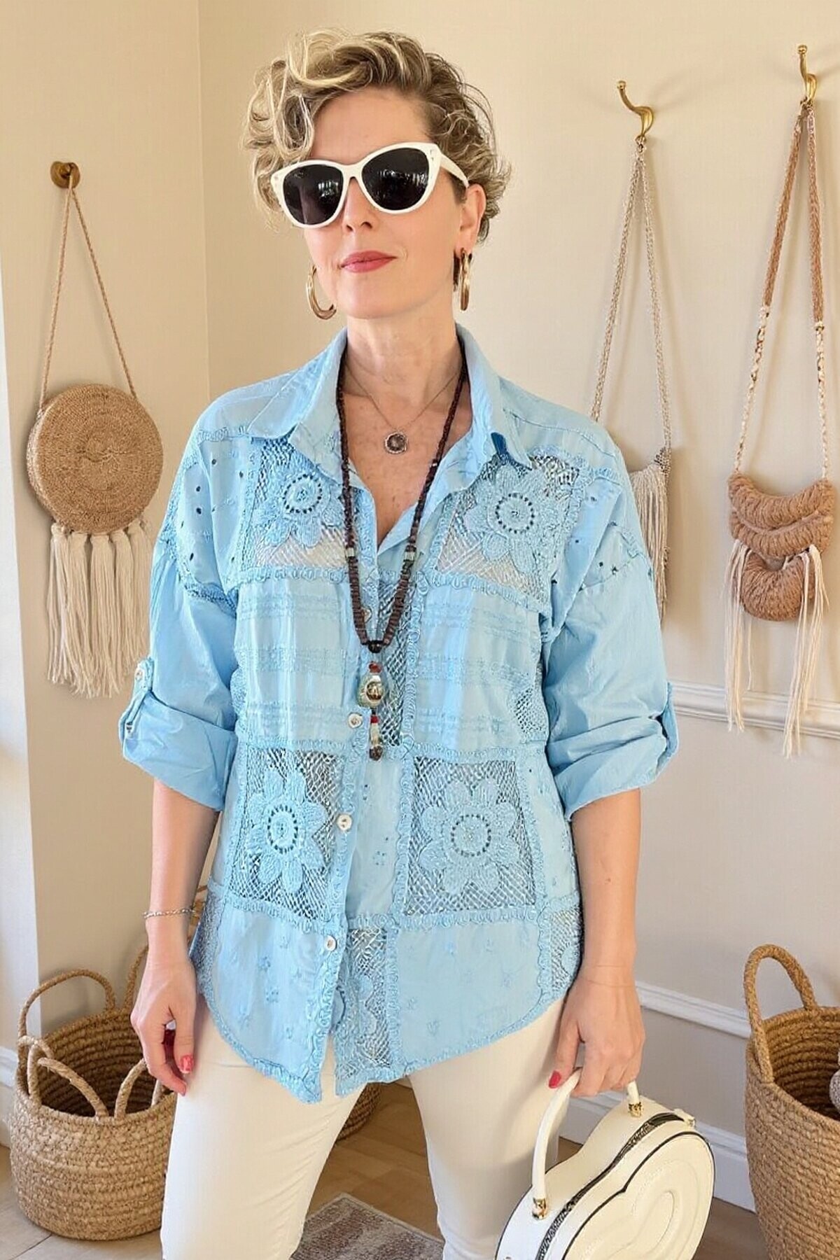 Ferru İtalyan Fisto Kare Çiçek Desen Gömlek Bebe Mavi