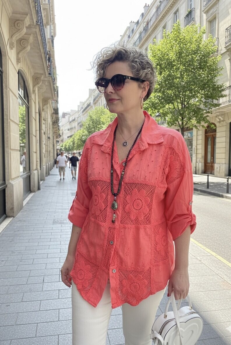 Ferru İtalyan Fisto Kare Çiçek Desen Gömlek Mercan