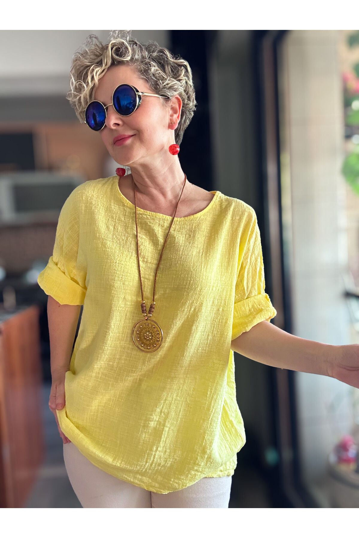 Fezza İthal Kolyeli Tasarım Bluz Sarı