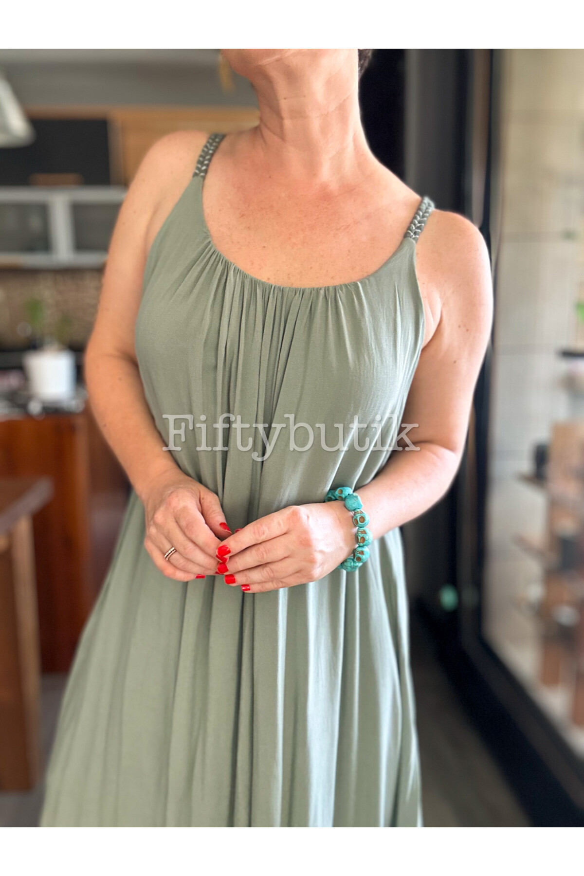 Fierro İtalyan Askılı Salaş Detay Elbise Haki Yeşil