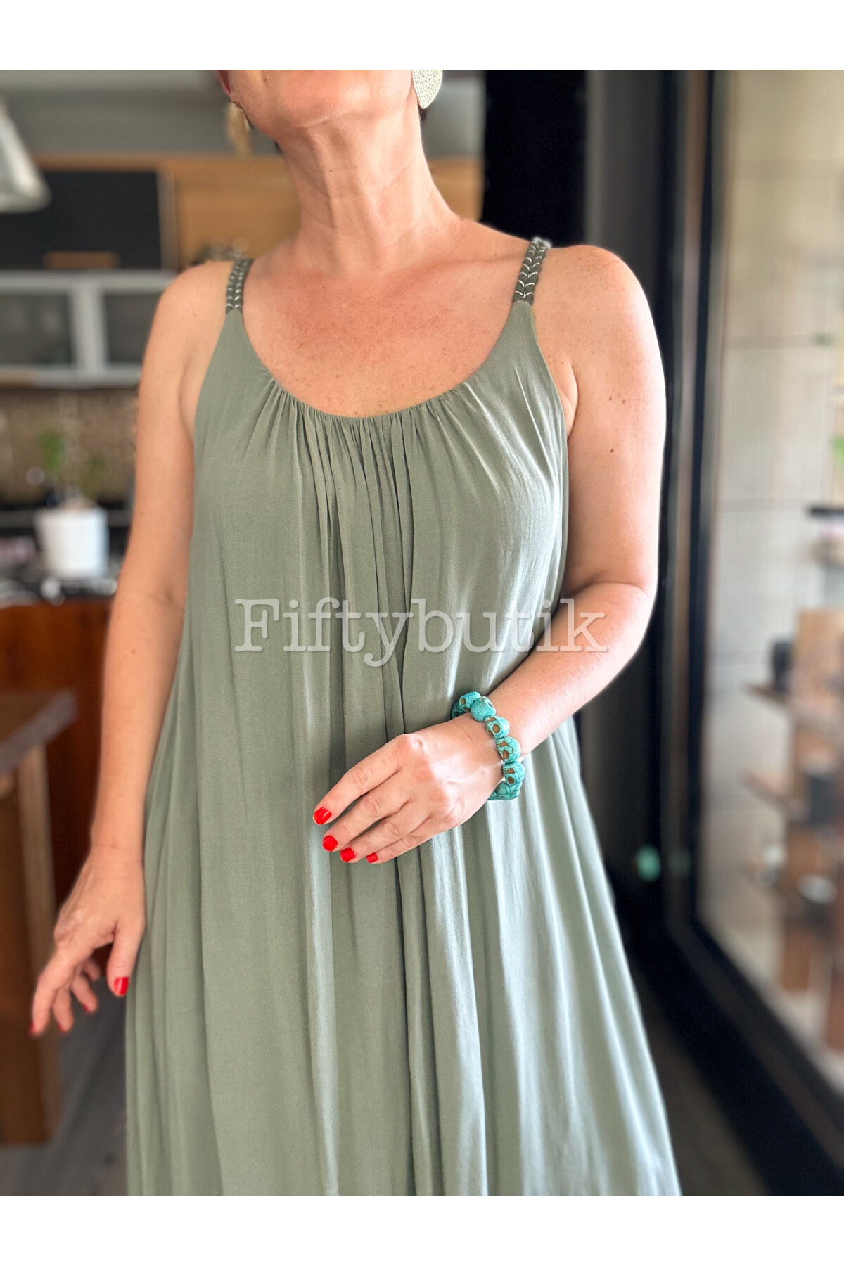 Fierro İtalyan Askılı Salaş Detay Elbise Haki Yeşil