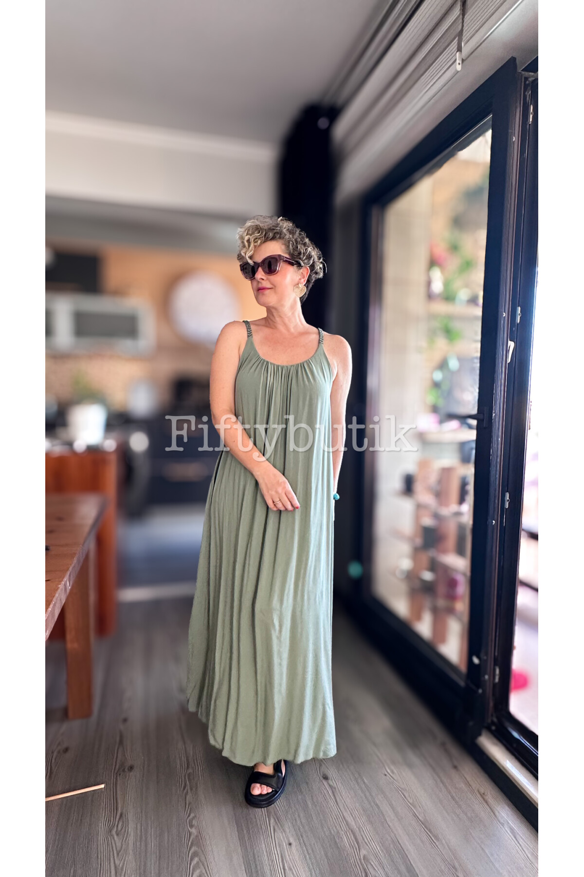 Fierro İtalyan Askılı Salaş Detay Elbise Haki Yeşil