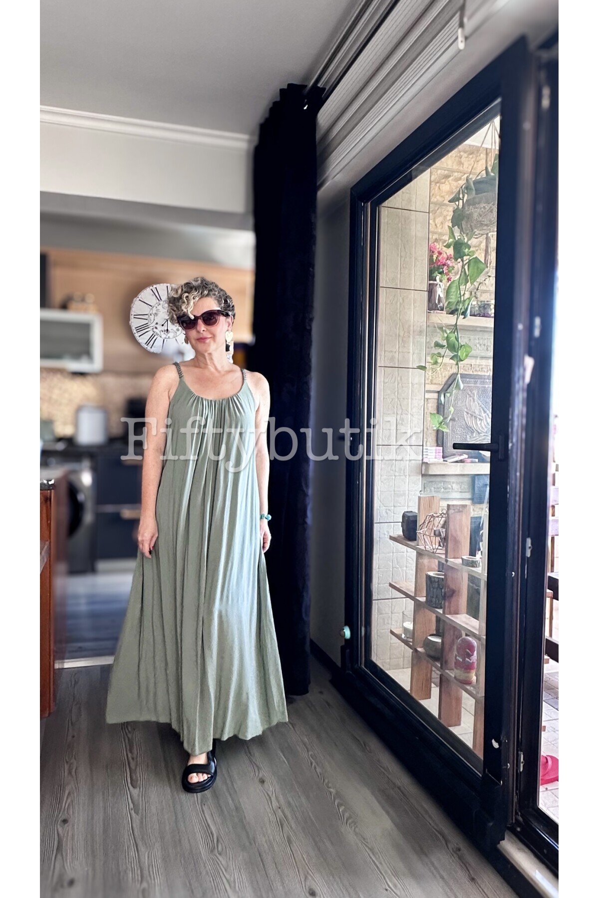 Fierro İtalyan Askılı Salaş Detay Elbise Haki Yeşil