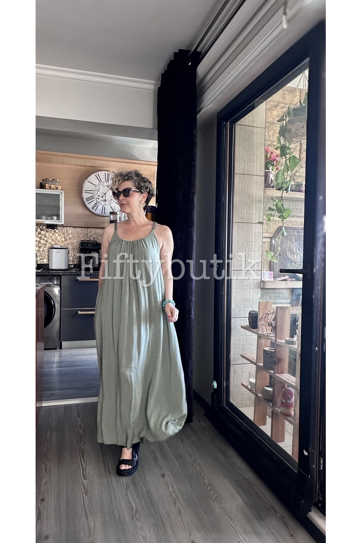 Fierro İtalyan Askılı Salaş Detay Elbise Haki Yeşil