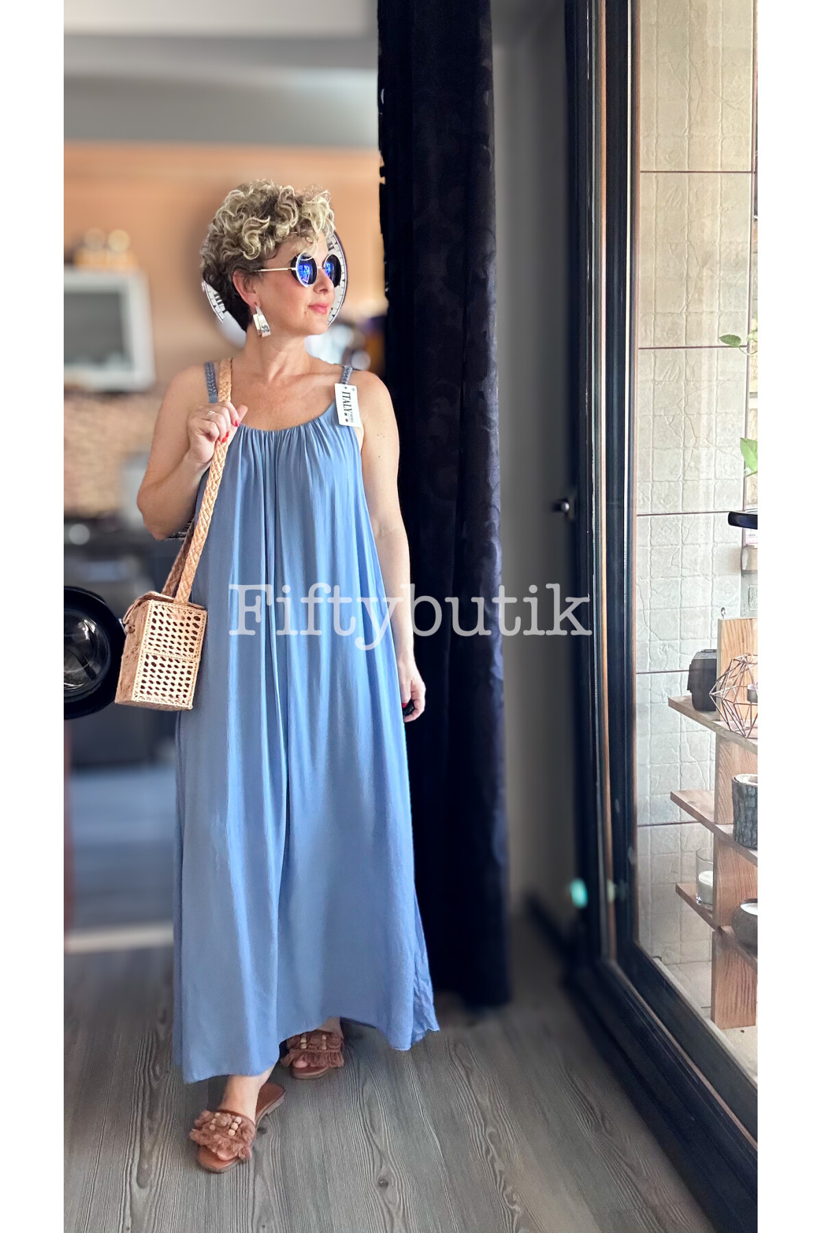 Fierro İtalyan Askılı Salaş Detay Elbise İndigo Mavi