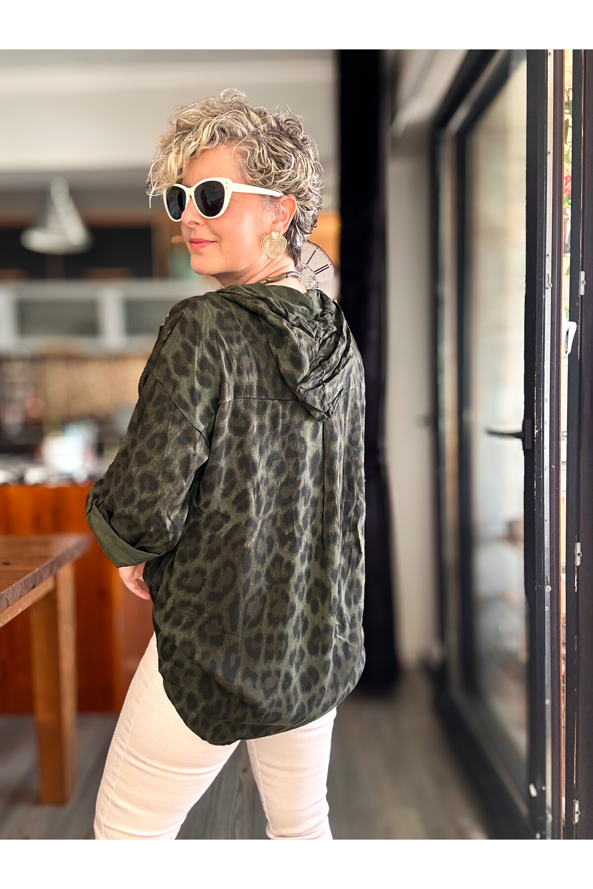 Figgo İtalyan Leopar Desen Yaldızlı Kap Haki Yeşil