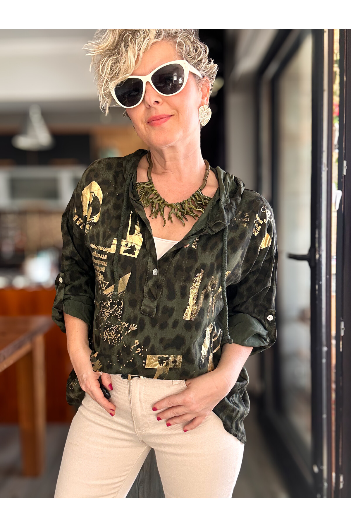 Figgo İtalyan Leopar Desen Yaldızlı Kap Haki Yeşil