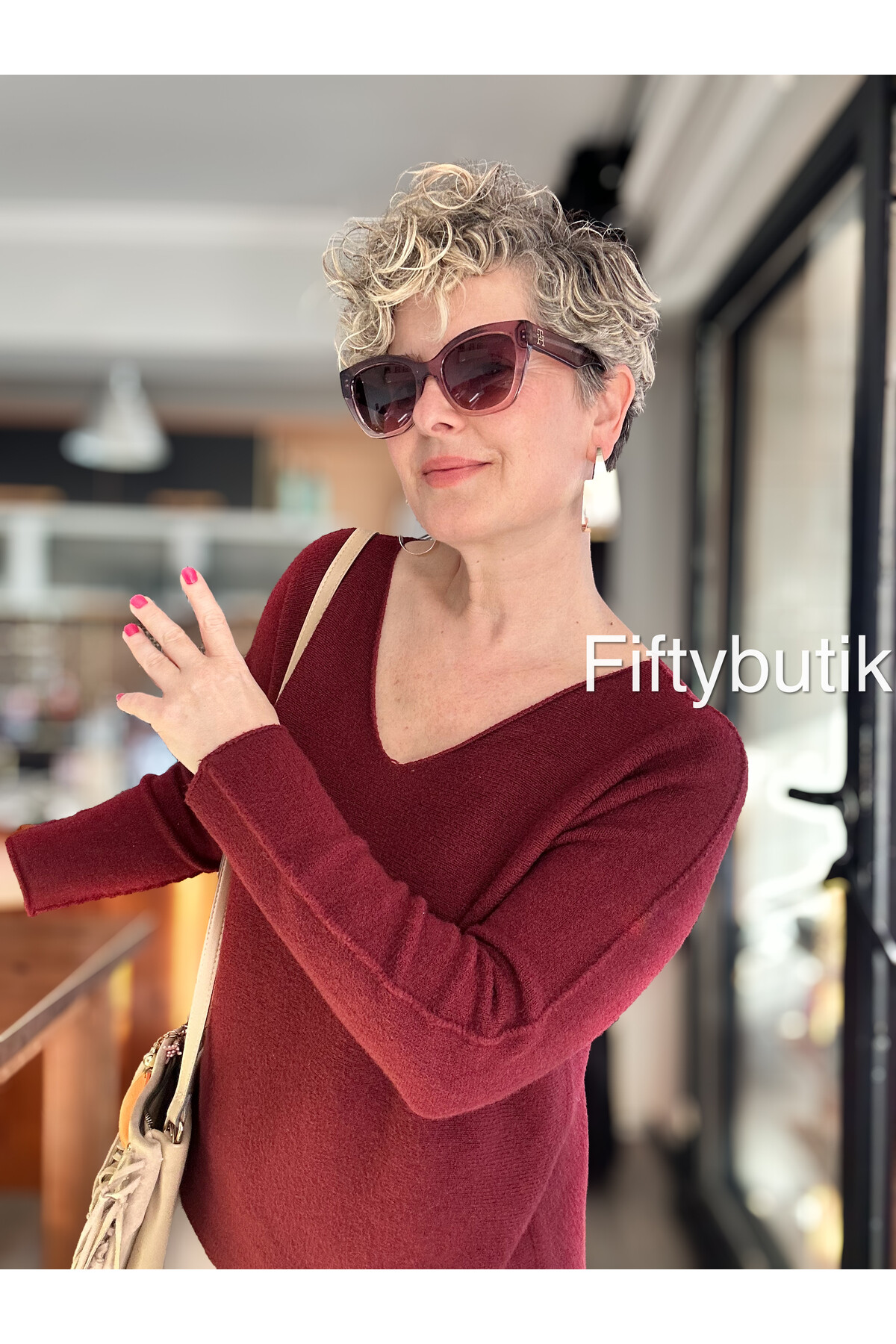 Fikka İtalyan V Yaka Angora Oval Triko Bordo