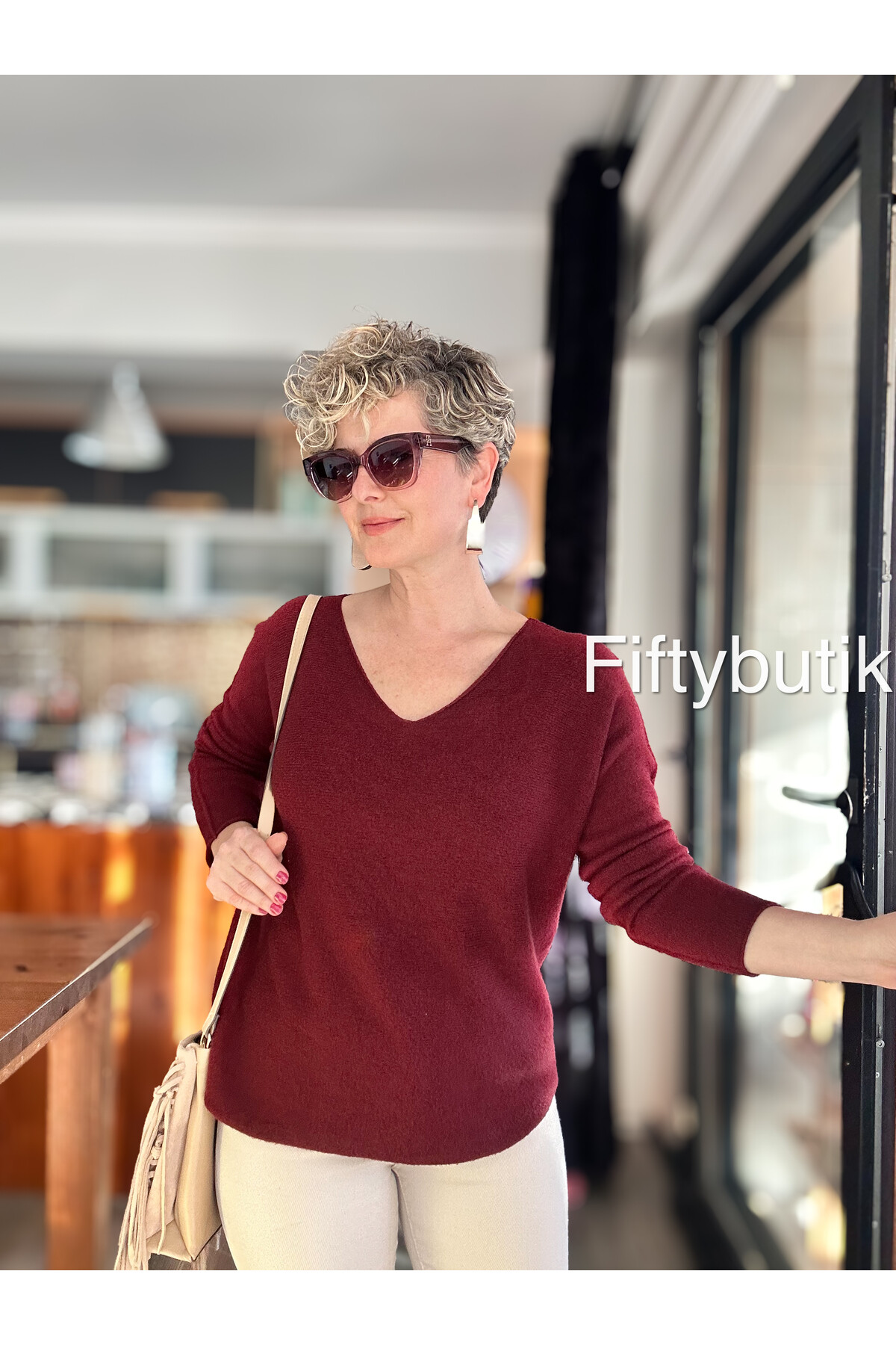 Fikka İtalyan V Yaka Angora Oval Triko Bordo